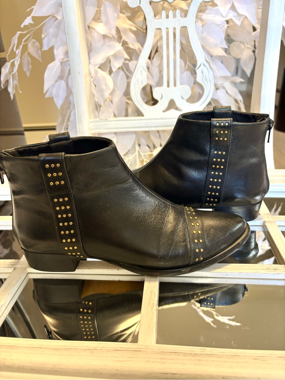 MANGO Women's Black Studded Leather Ankle Boots. Size 8.5